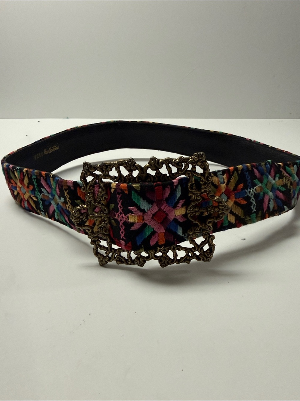 Vintage Embroidered Multicolor Boho Waist Belt with Ornate Brass Buckle